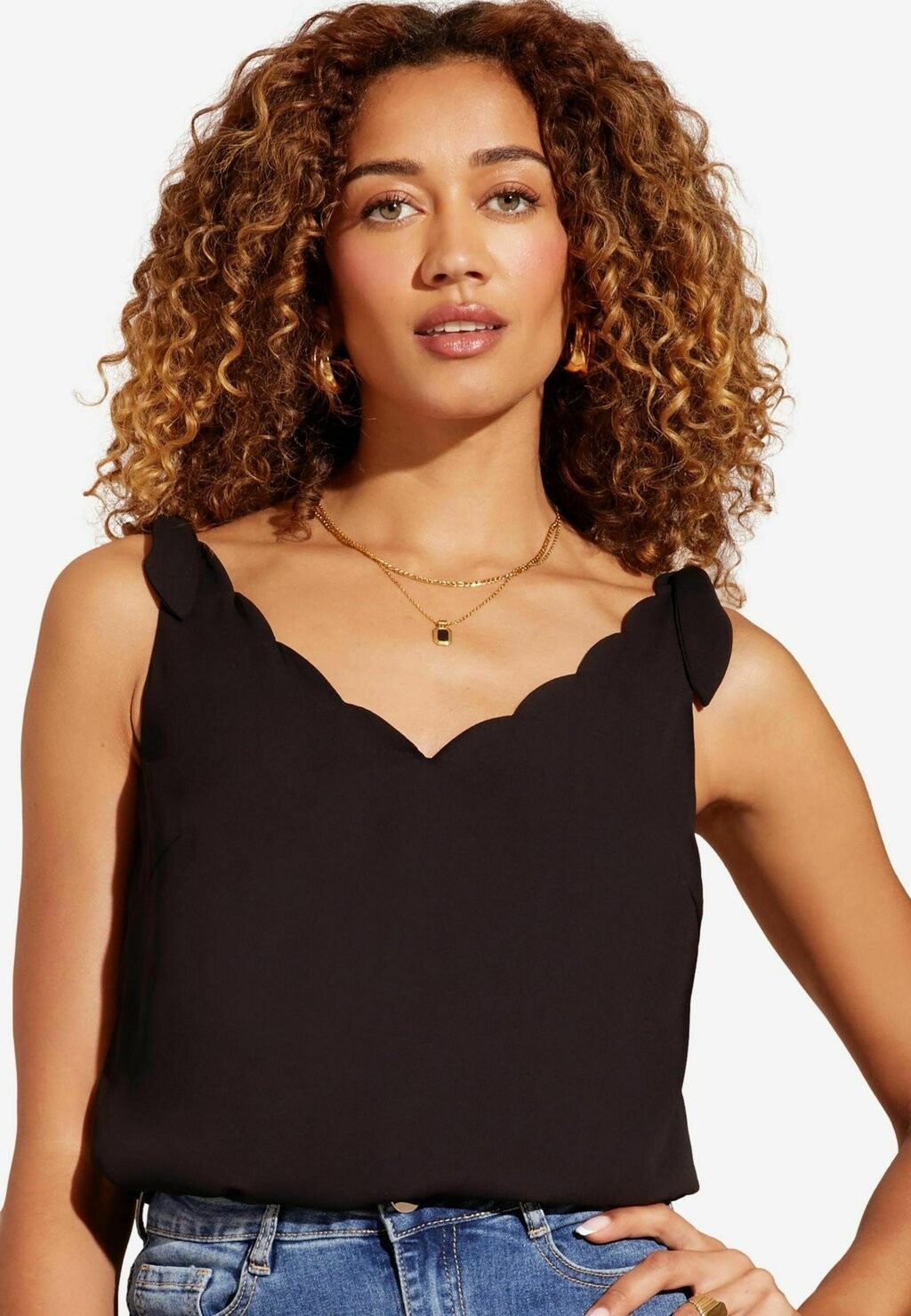 

REGULAR FIT V Neck Scallop Detail Tie Shoulder Love & Roses, Блузка черный