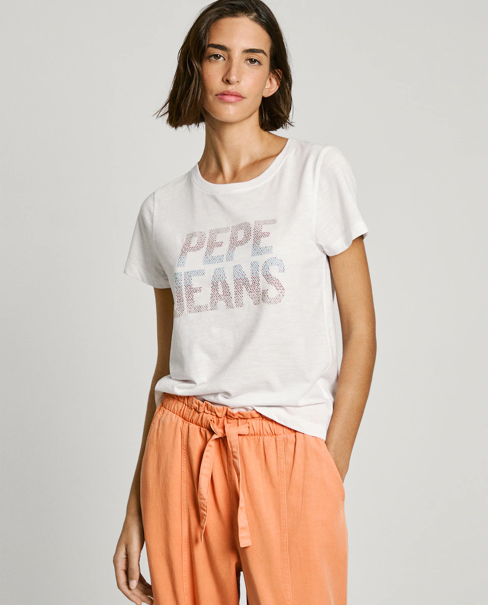 

Женская футболка с коротким рукавом и логотипом из стразов Pepe Jeans, белый