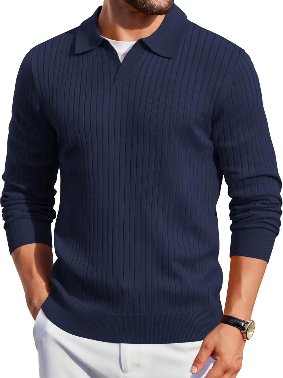 

COOFANDY мужской вязаный поло с длинным рукавом и V-образным вырезом