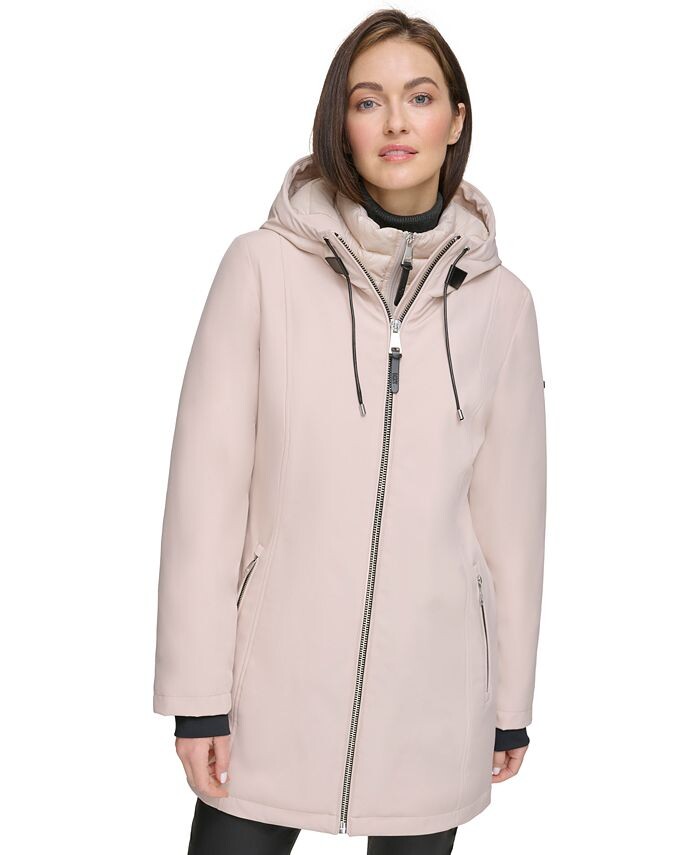 

Женский пуховик с капюшоном и молнией спереди DKNY, тан/бежевый