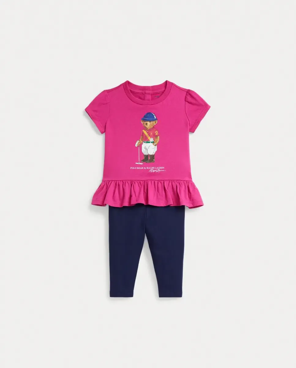 Детский комплект для девочки из хлопка: футболка и леггинсы Polo Bear Polo Ralph Lauren, темно-синий / розовый