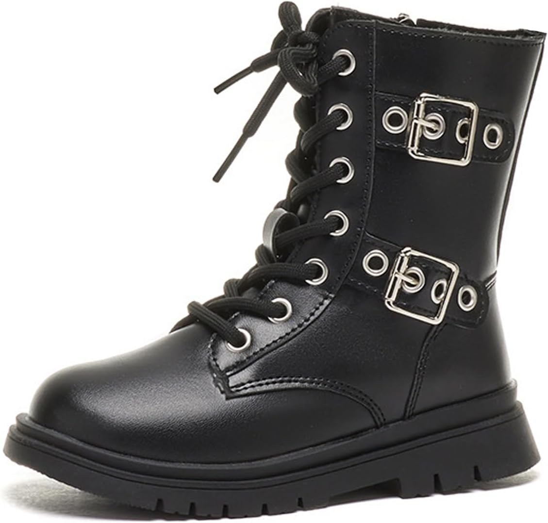 

Детские/подростковые кожаные ботильоны на шнуровке с боковой молнией, модные ремешки с пряжками, удобный круглый носок, низкий каблук, нескользящая подошва, мотоциклетный стиль NHBEOEN, Black