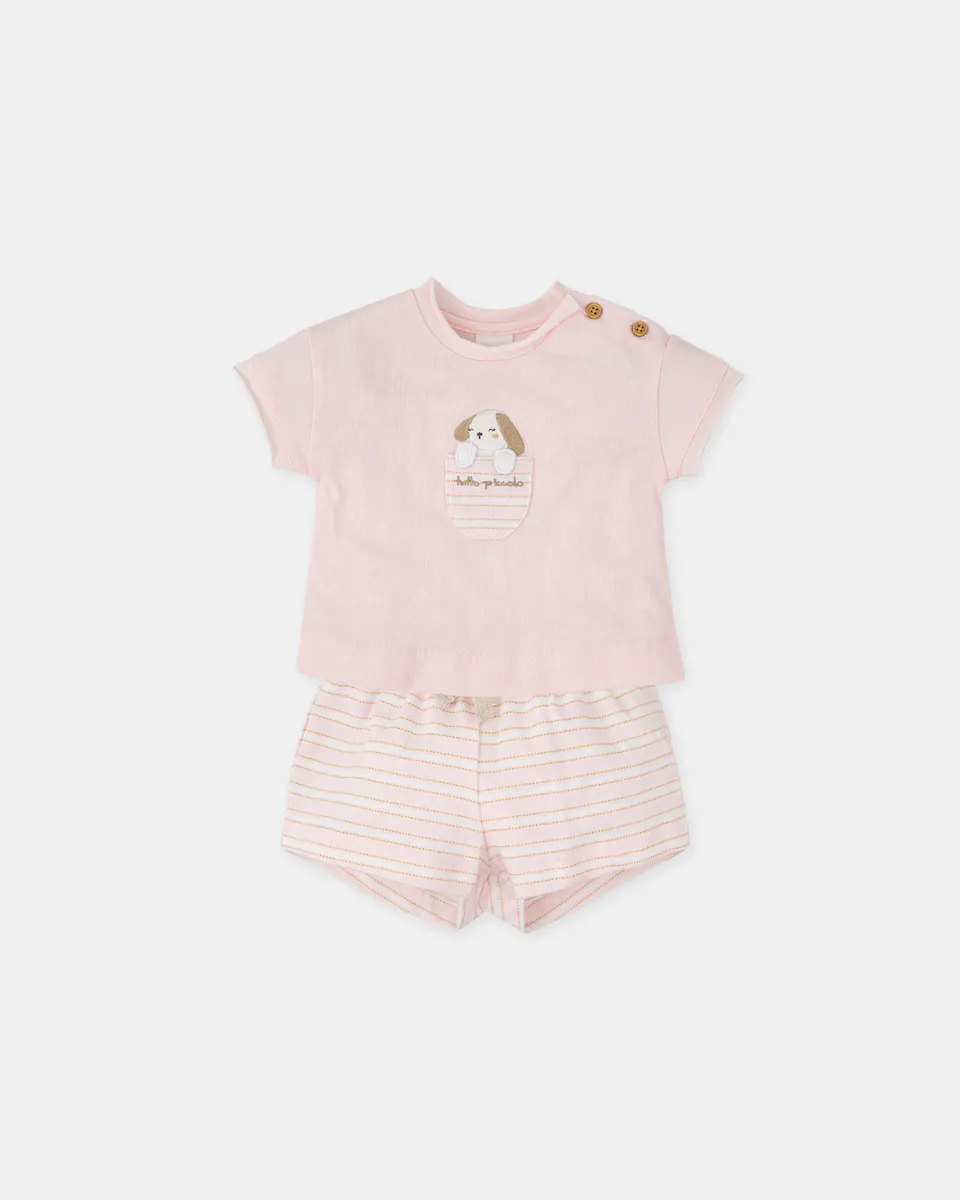 

Комплект из 2 предметов для девочки: футболка с изображением питомца и розовые шорты Tutto Piccolo, розовый