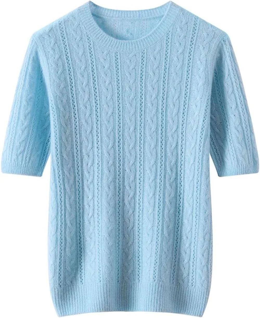 

Кашемировая футболка женская вязаная свободного кроя с круглым вырезом и коротким рукавом