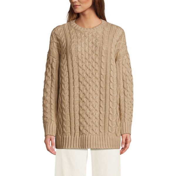 

Женская туника-свитер свободного кроя с косичной вязкой Lands' End, цвет french pecan heather