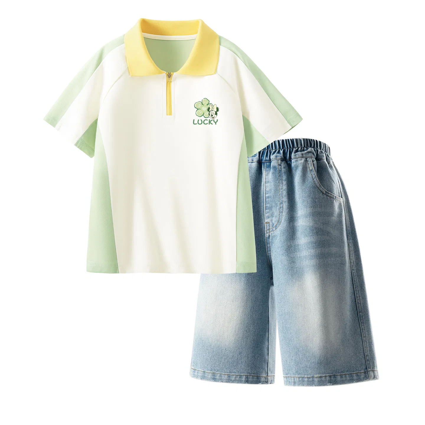 Детский спортивный костюм Casual Sportswear 2 Piece Set Disney, Di Lucky Clover K Vanilla Green+Solid Color Denim Blue