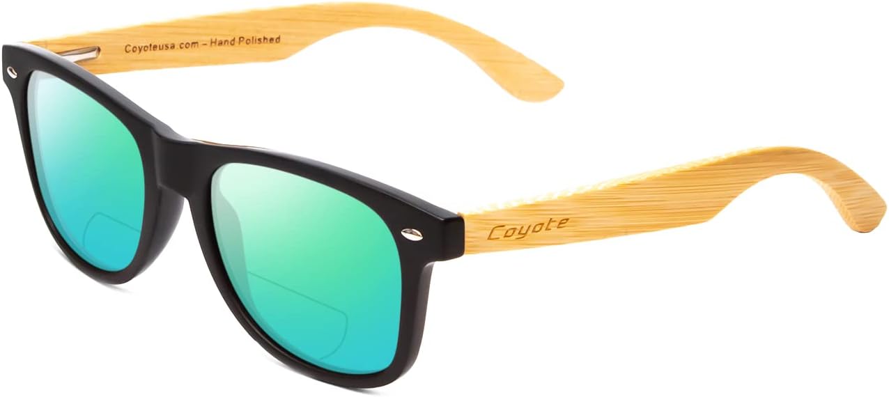 

Поляризованные солнцезащитные очки Coyote Eyewear Woodie | Дужки из натурального дерева | Универсальный дизайн | Чехол для хранения в комплекте, Mat Black/Bamboo/Green Mirror Bi-focal