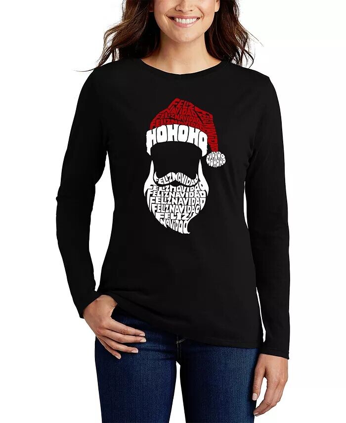 

Женская футболка с длинным рукавом Feliz Navidad Santa Claus Word Art LA Pop Art, черный