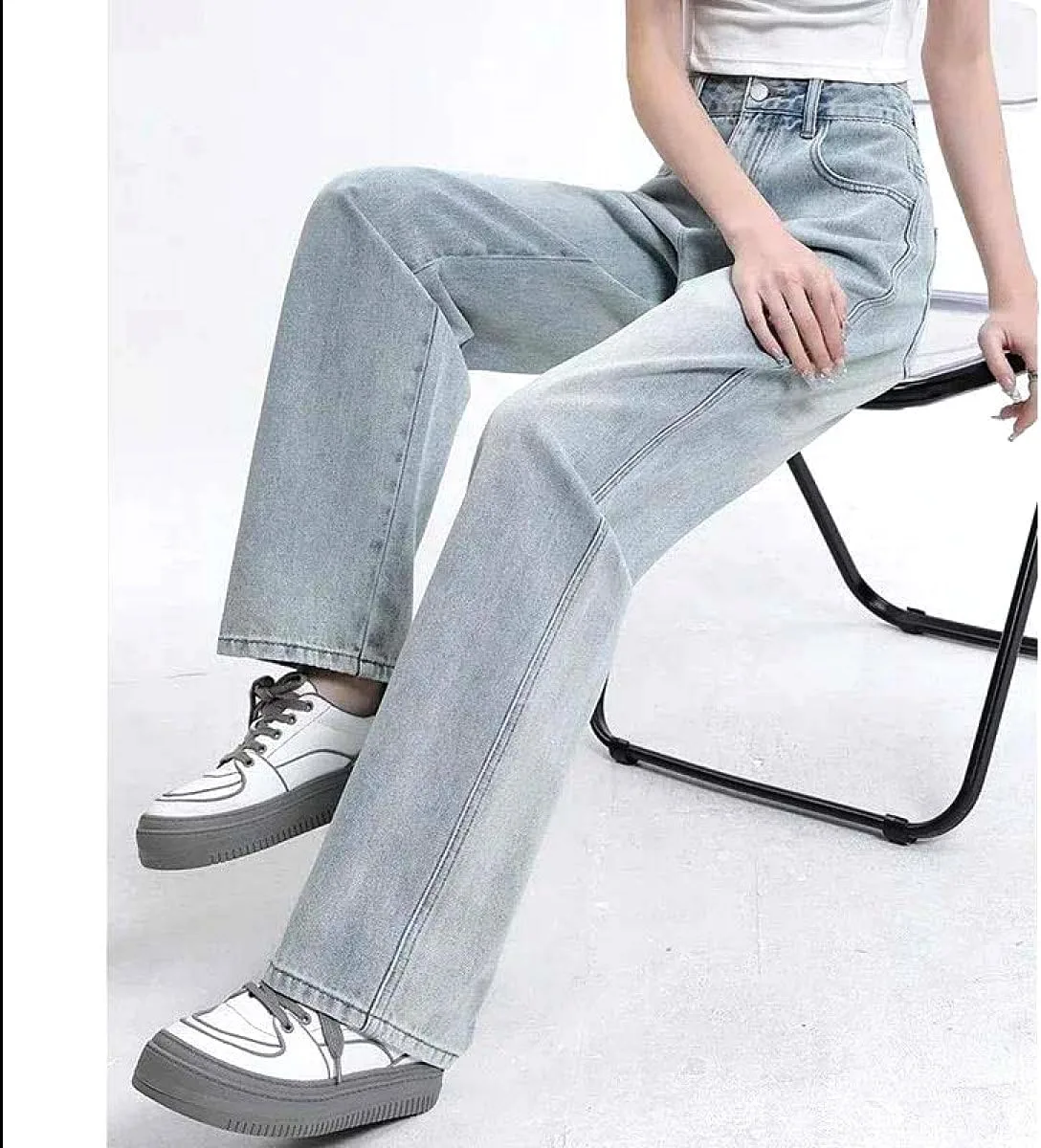 Женские джинсы с высокой талией и прямыми штанинами Casual Stretch Washed для офиса — фото 3