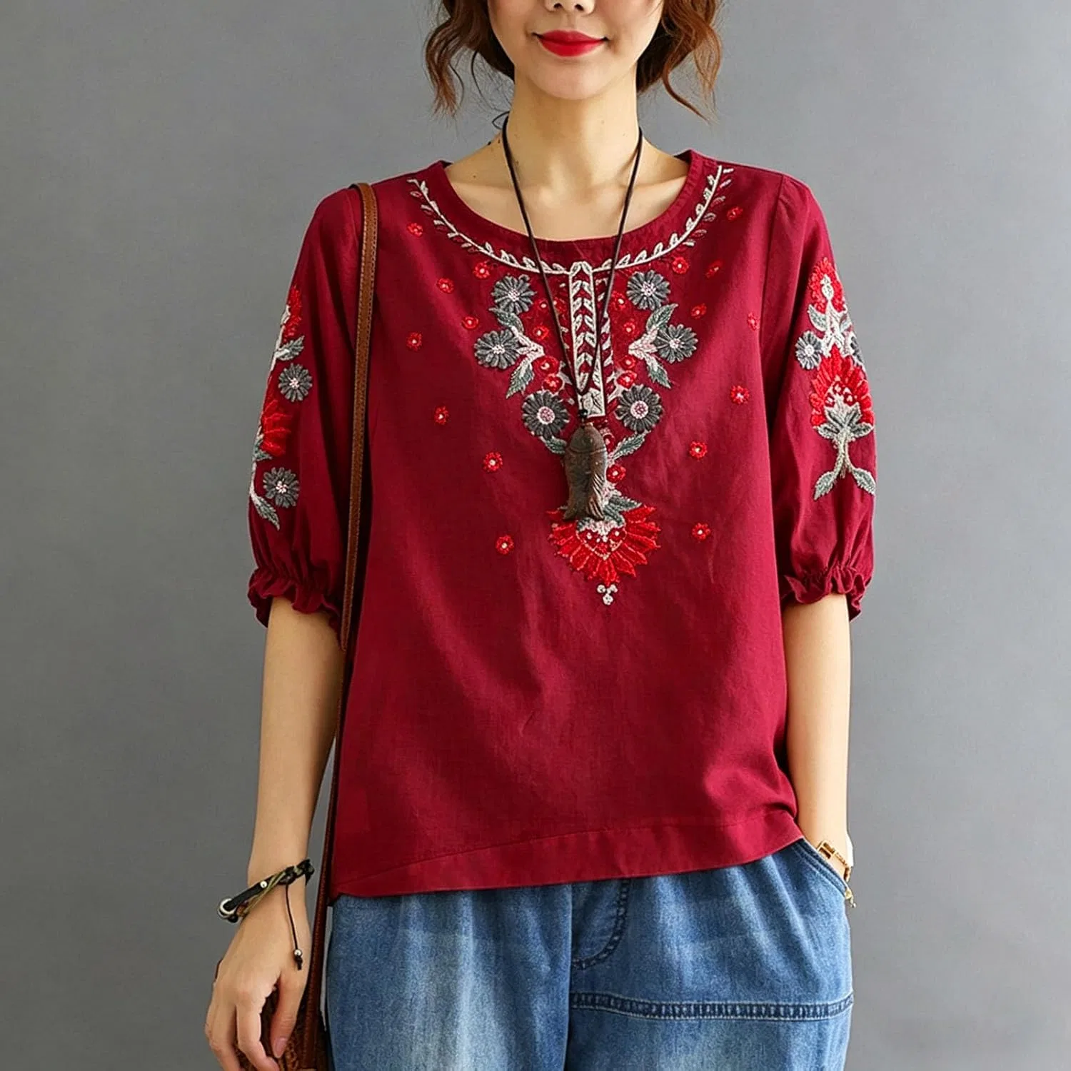 Блуза из хлопка и льна, повседневная, Oversize, красный — фото 2