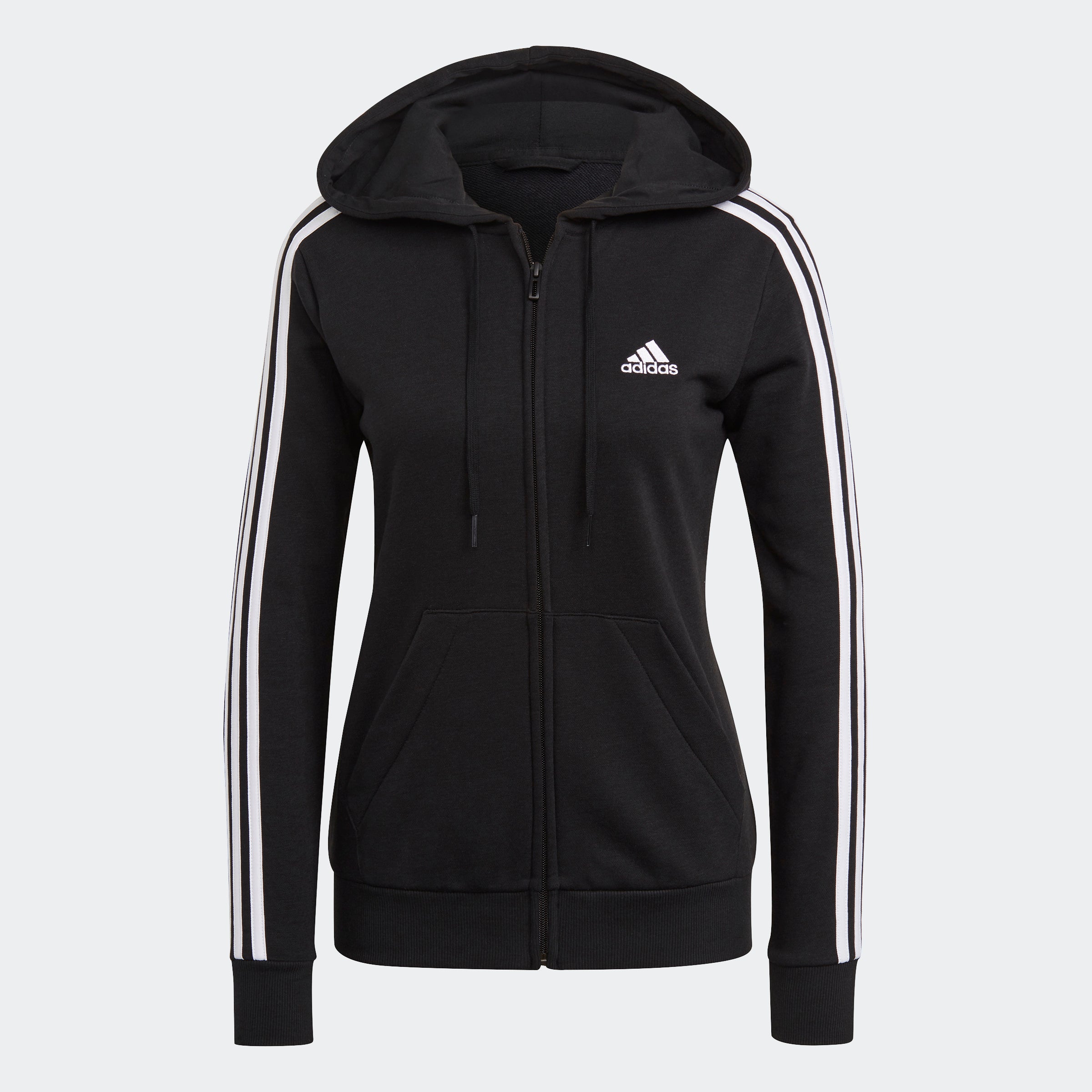 

Женская толстовка с капюшоном adidas Essentials French Terry с тремя полосками и молнией во всю длину, черный/белый