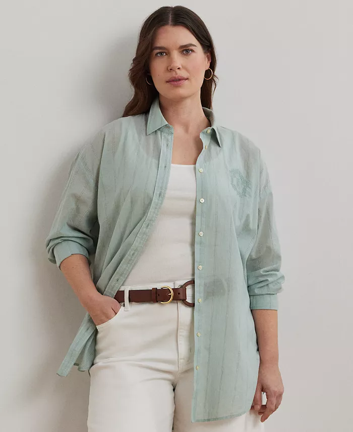 

Рубашка большого размера из хлопковой вуали в полоску Lauren Ralph Lauren, зеленый