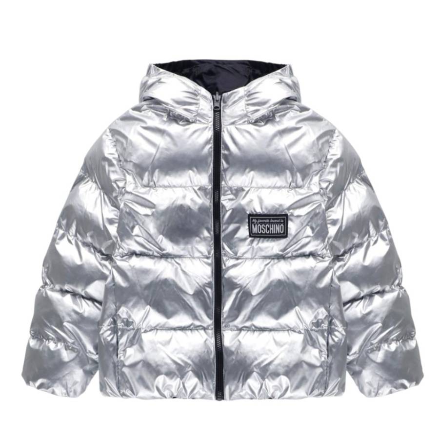 

Moschino Мальчики Двусторонняя Нейлоновая Куртка с Капюшоном на Пуху, серебряный