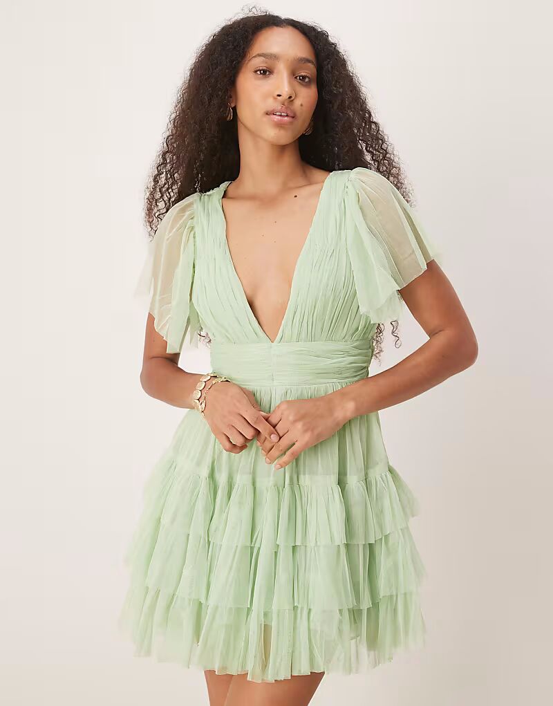 

Мини-платье из тюля Lace & Beads Madison с v-образным вырезом в цвете шалфея