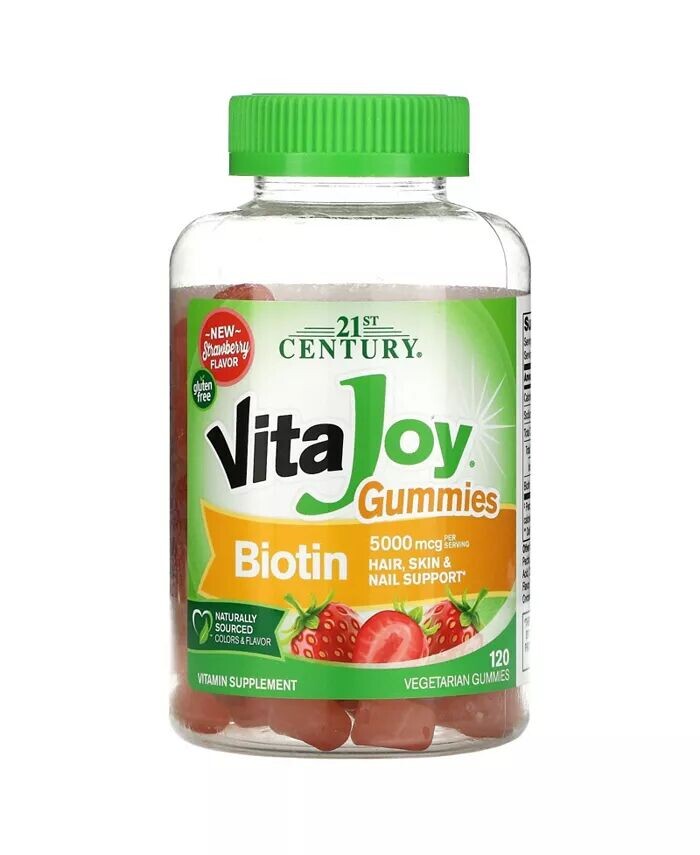 

Vita Joy Биотиновые жевательные конфеты со вкусом клубники 5 000 мкг 120 вегетарианских жевательных таблеток (2 21St Century