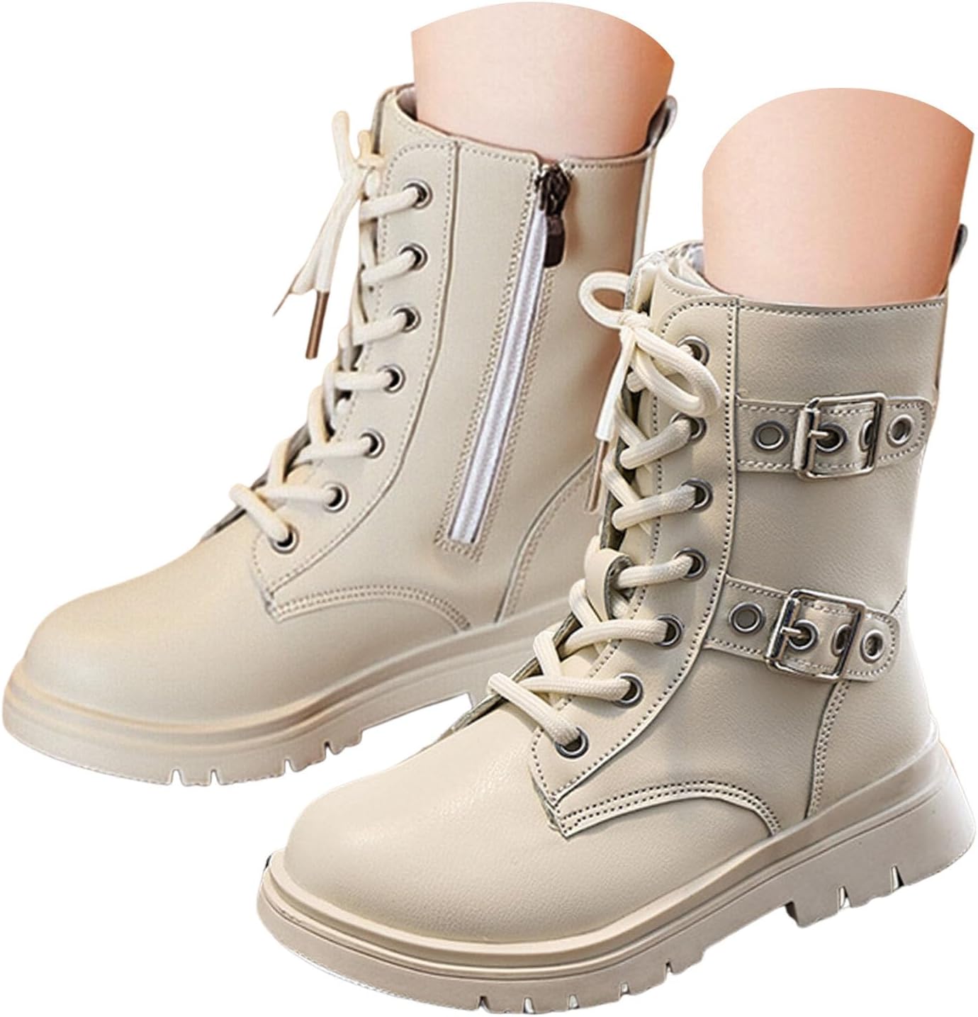 

Детские ботинки на платформе для девочек, средней высоты, для верховой езды, на шнуровке, с пряжками, кожаная боковая молния, в стиле панк-готика Zspzx, бежевый