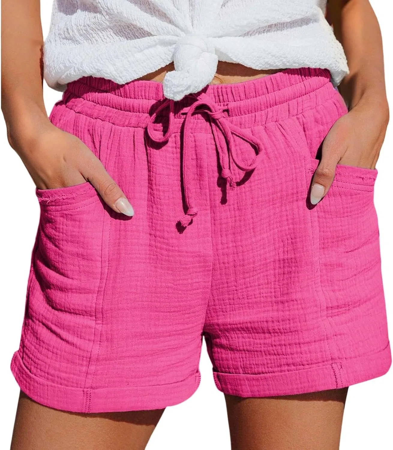 Шорты спортивные высокие на талии с карманами, Hot Pink