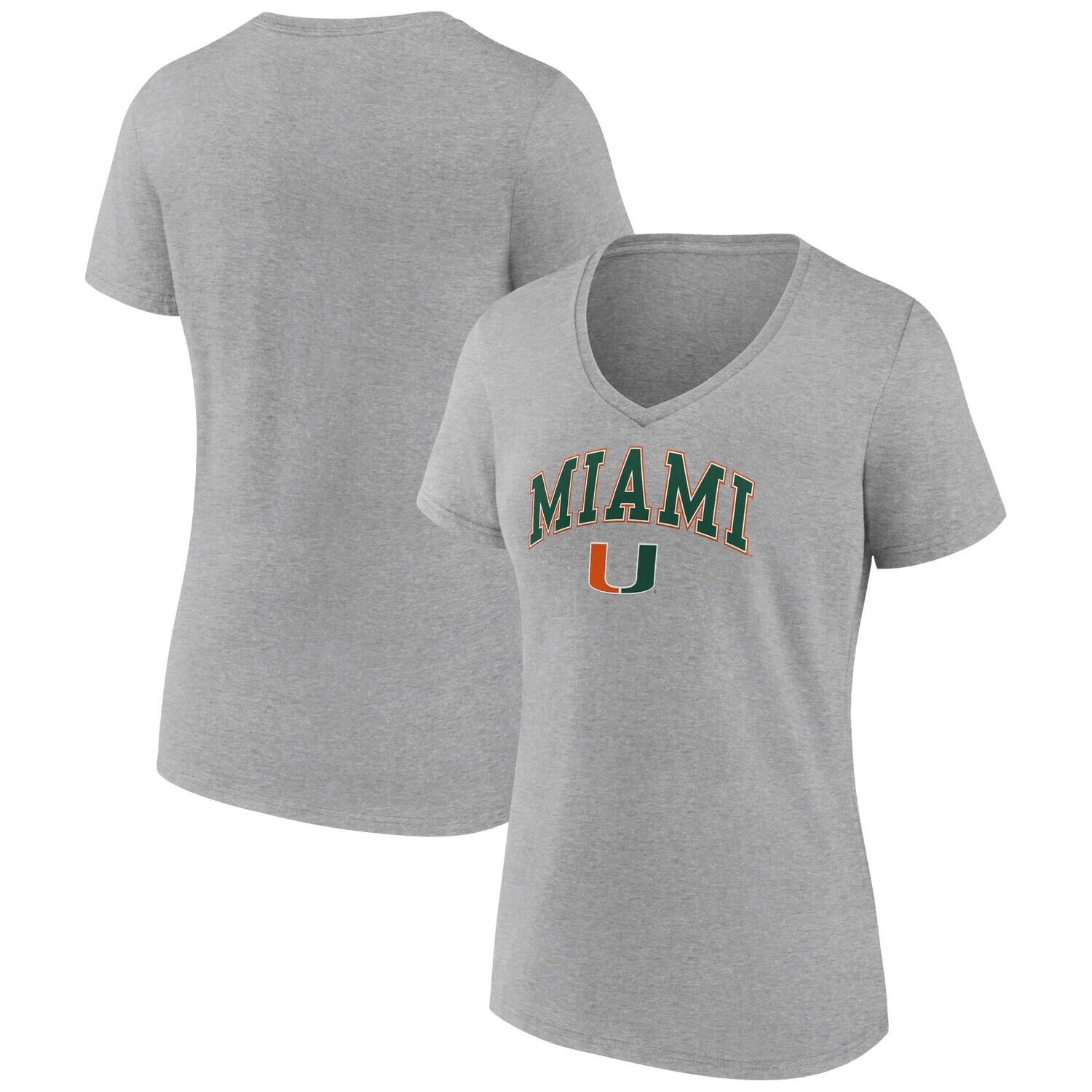 

Женская футболка Fanatics с логотипом Heather Grey Miami Hurricanes Evergreen Campus с v-образным вырезом Fanatics