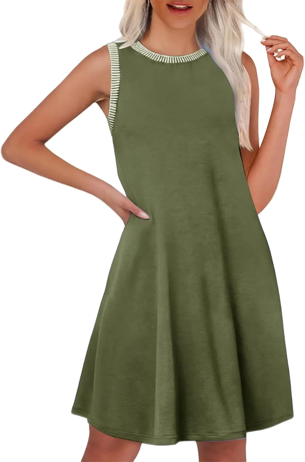 Женское свободное повседневное платье миди для пляжа, летнее платье-майка, платье без рукавов с круглым вырезом, сарафан, свободное платье с разрезом