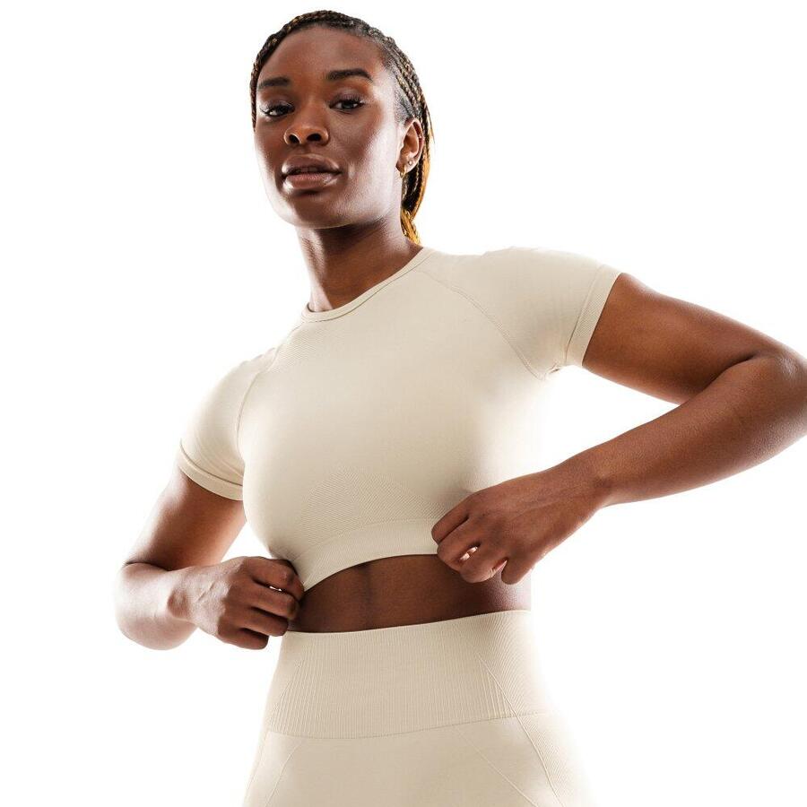 

SIROKO Женский бесшовный спортивный укороченный топ с коротким рукавом, цвет "Стим-Бежевый"