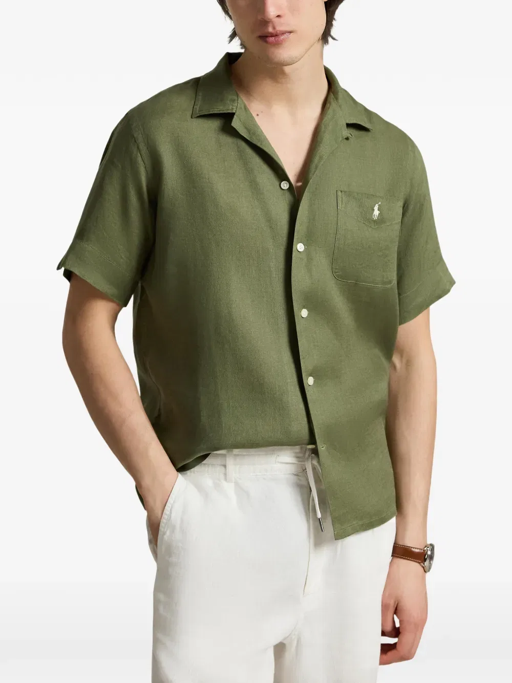 Льняная рубашка с коротким рукавом и карманом Polo Ralph Lauren, зеленый — фото 3