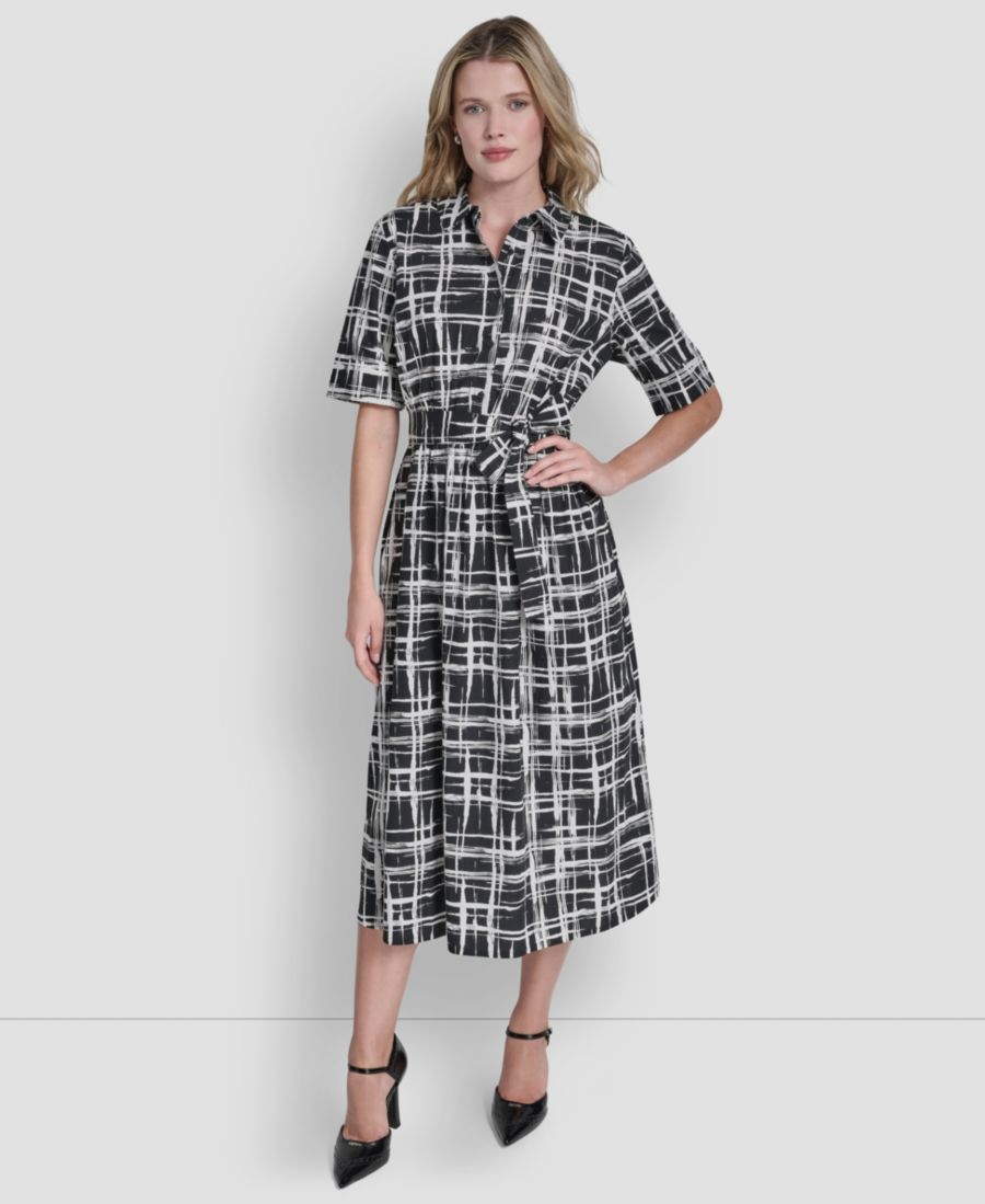 

Женское хлопковое платье-рубашка миди с рукавами 3/4 и воротником DKNY, Black/Ivory