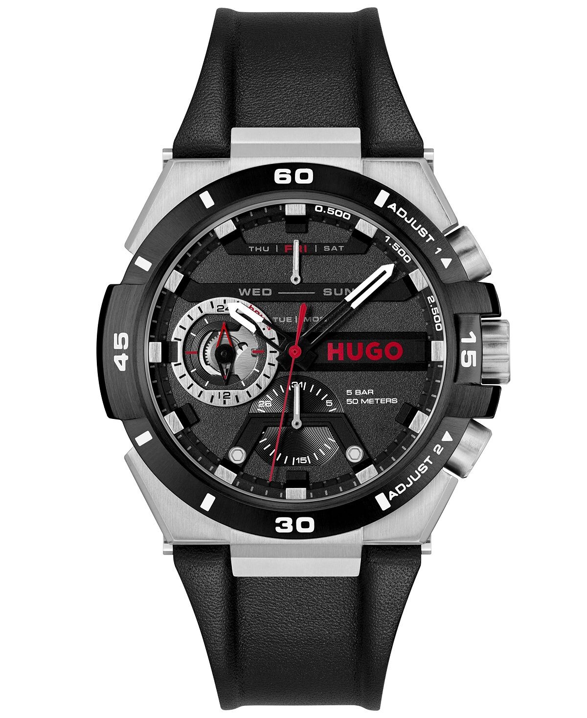 

Мужские многофункциональные черные кожаные часы Wild Quartz 46 мм HUGO