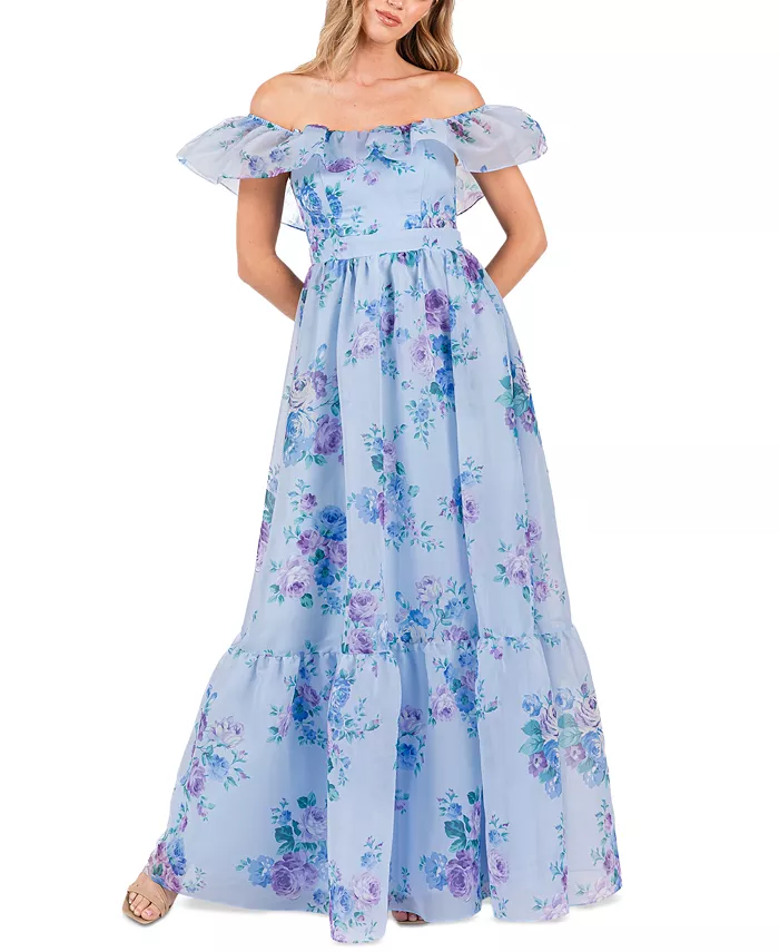 

Женское платье с цветочным принтом и рюшами Juniors' Floral Off-The-Shoulder Ruffle Gown B Darlin, синий