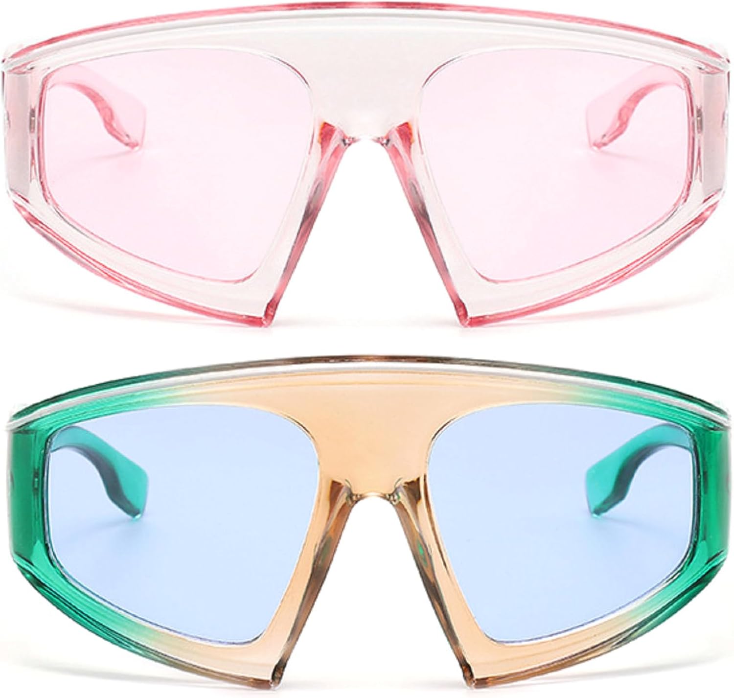 

Уникальные цельные солнцезащитные очки большого размера конфетных цветов для женщин, модные солнцезащитные очки неправильной формы для мужчин в стиле хип-хоп для вождения mincl, 2pcs-pink&blue