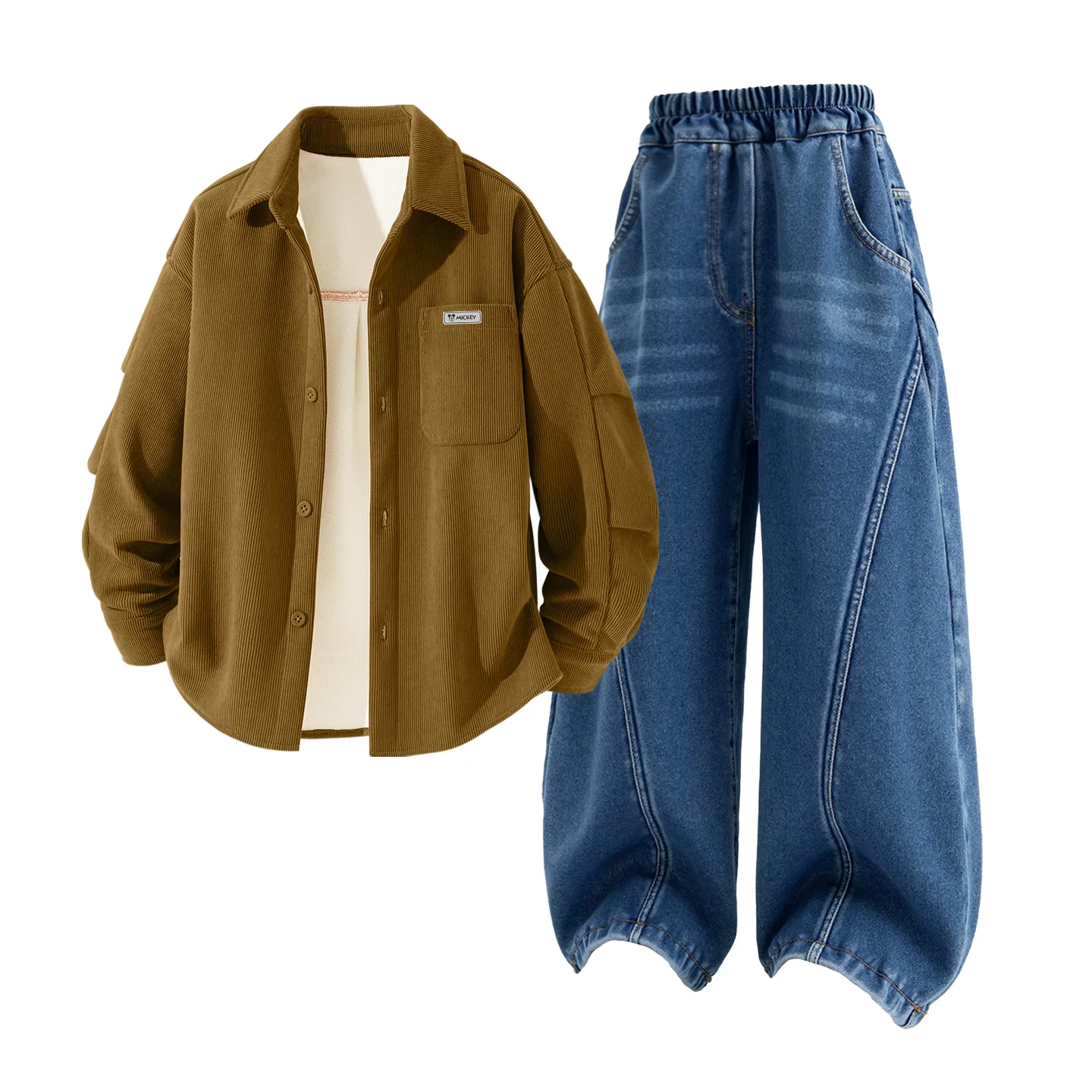 Детский спортивный костюм с воротником-стойкой на флисе Disney, [Thickened and Fleece-Lined]Di H Square Hook-and-Loop K Olive Green+Solid Color Denim Blue