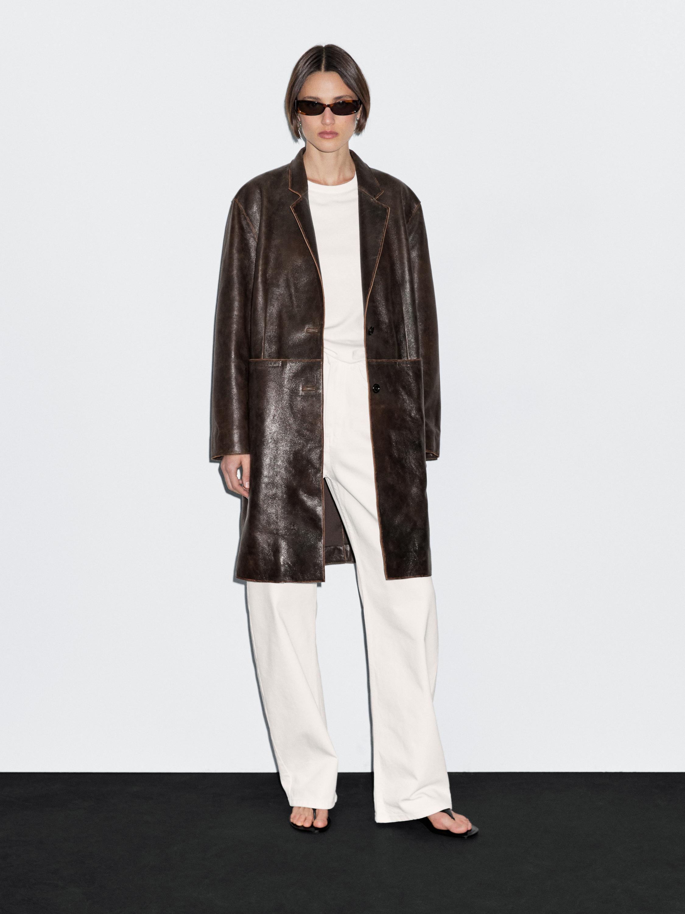 

Пальто из потертой кожи наппа Massimo Dutti, коричневый