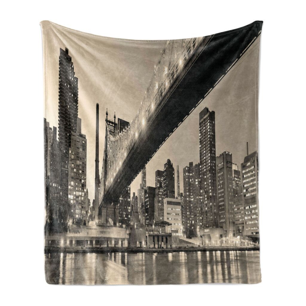 

ABAKUHAUS New York Мягкое фланелевое флисовое одеяло, Queensboro Bridge NYC Night Sepia Artprints Urban City View Тема современной жизни, 175 x 230 см, серо-коричневый, серый