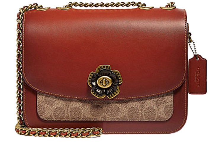 

COACH Мадисон Кожаная цепочка маленькая квадратная сумка через плечо на плечо женская коричневая желтая и ржаво красная
