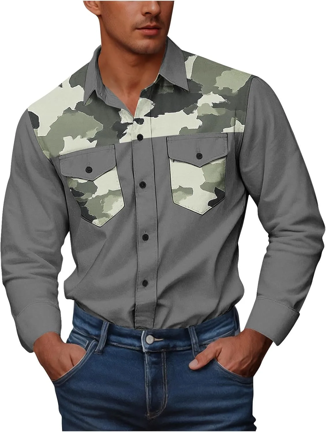 

Мужская рубашка-куртка Western Cowboy Camo с длинным рукавом и двумя карманами Sdeycui