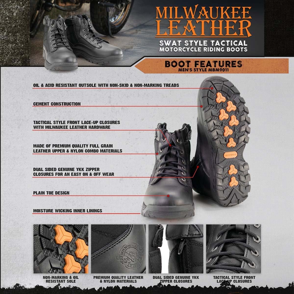 Мужские байкерские ботинки Milwaukee Leather, черная кожа, 15 см, стиль SWAT, тактические, на шнуровке с боковыми молниями MBM9011-15 ‎Milwaukee Leather — фото 2
