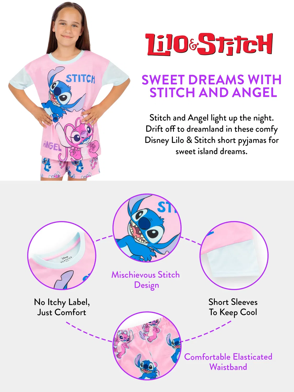 Пижама детская с коротким рукавом Disney Stitch, розовый — фото 4