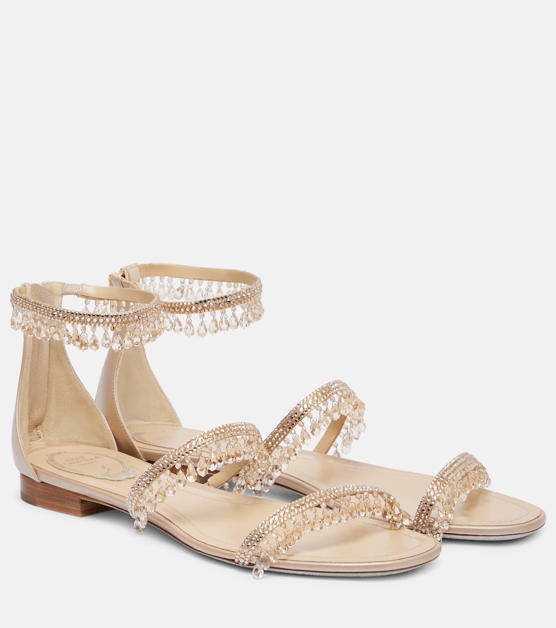 Сатиновые босоножки с украшением в виде люстры Rene Caovilla, Beige Satin/Gold