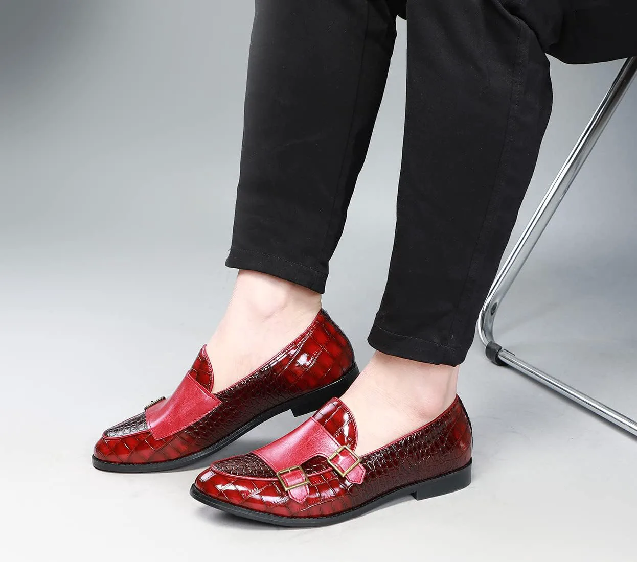 

Мужская одежда Santimon Туфли-лоферы Double Monk Strap Slip On Locasters Formal Business Casual Dress Shoes для мужчин, красный