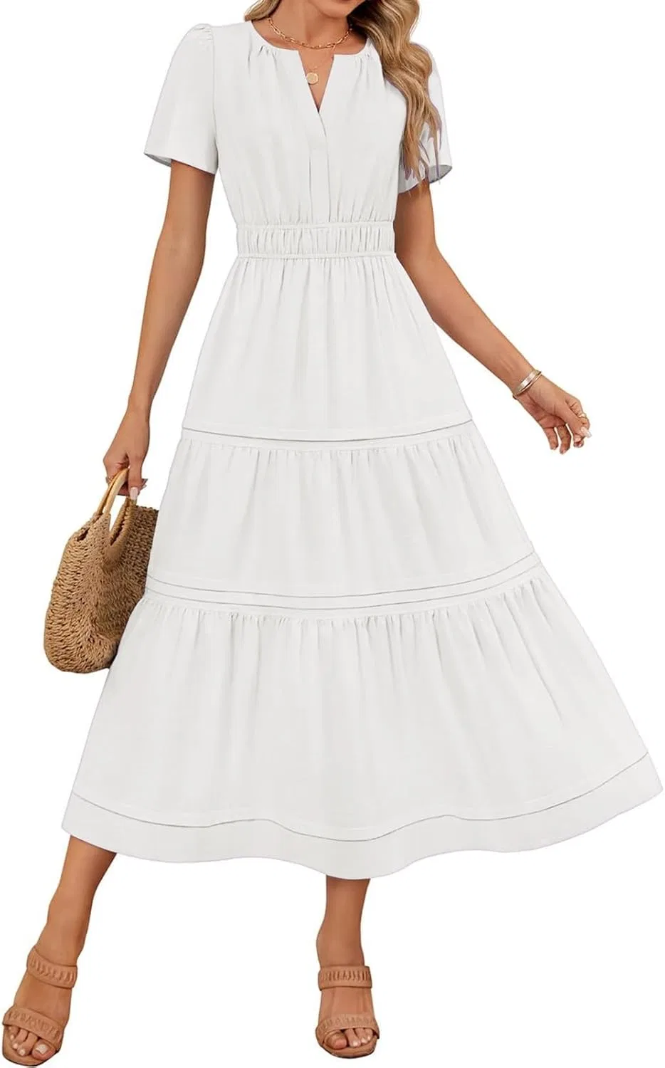 Летнее платье для женщин 2026 Casual Cotton Maxi, элегантное платье с V-образным вырезом, сплошной цвет, эластичная талия, бохо-пляжное платье, модное Generic, белый — фото 2