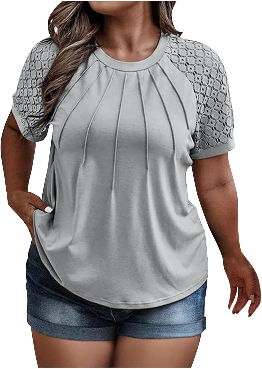 Футболка женская с круглым вырезом и кружевными рукавами, Oversized, свободного кроя, серого цвета