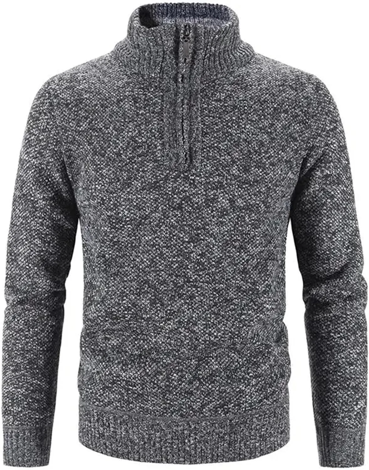 Мужской свитер из хлопкового флиса, утепленный, с длинным рукавом, Slim Fit, полузастежка-молния, водолазка — фото 2