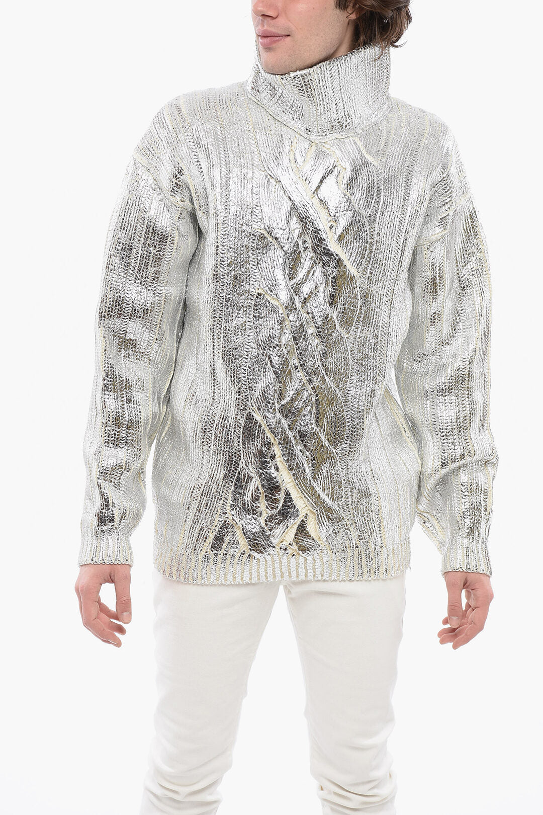 

Balmain Lamè Покрытый шерстяной смесовый пуловер с водолазкой, серебряный