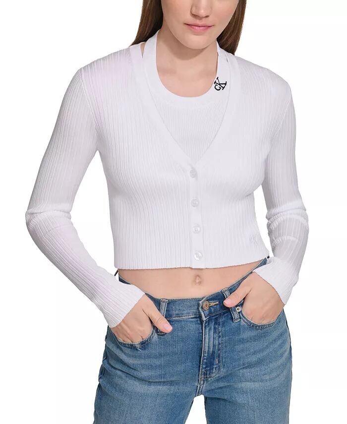 

Женский укороченный кардиган на пуговицах в рубчик-свитер Calvin Klein Jeans, розовый