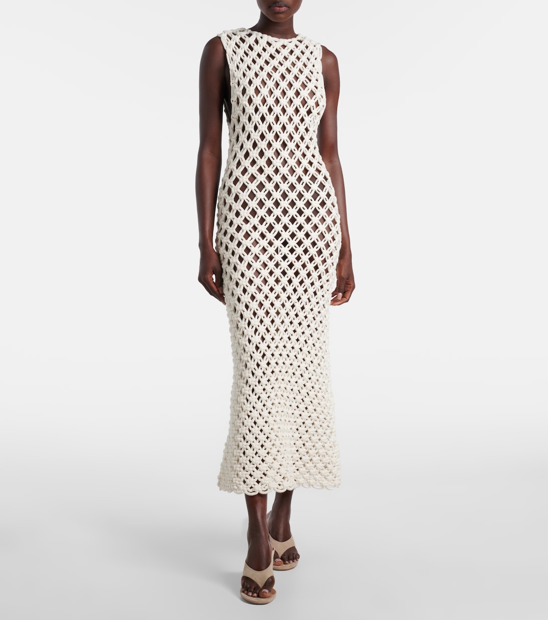 Платье макси из смесового хлопка ажурной вязки Alaïa, Blanc Naturel — фото 2