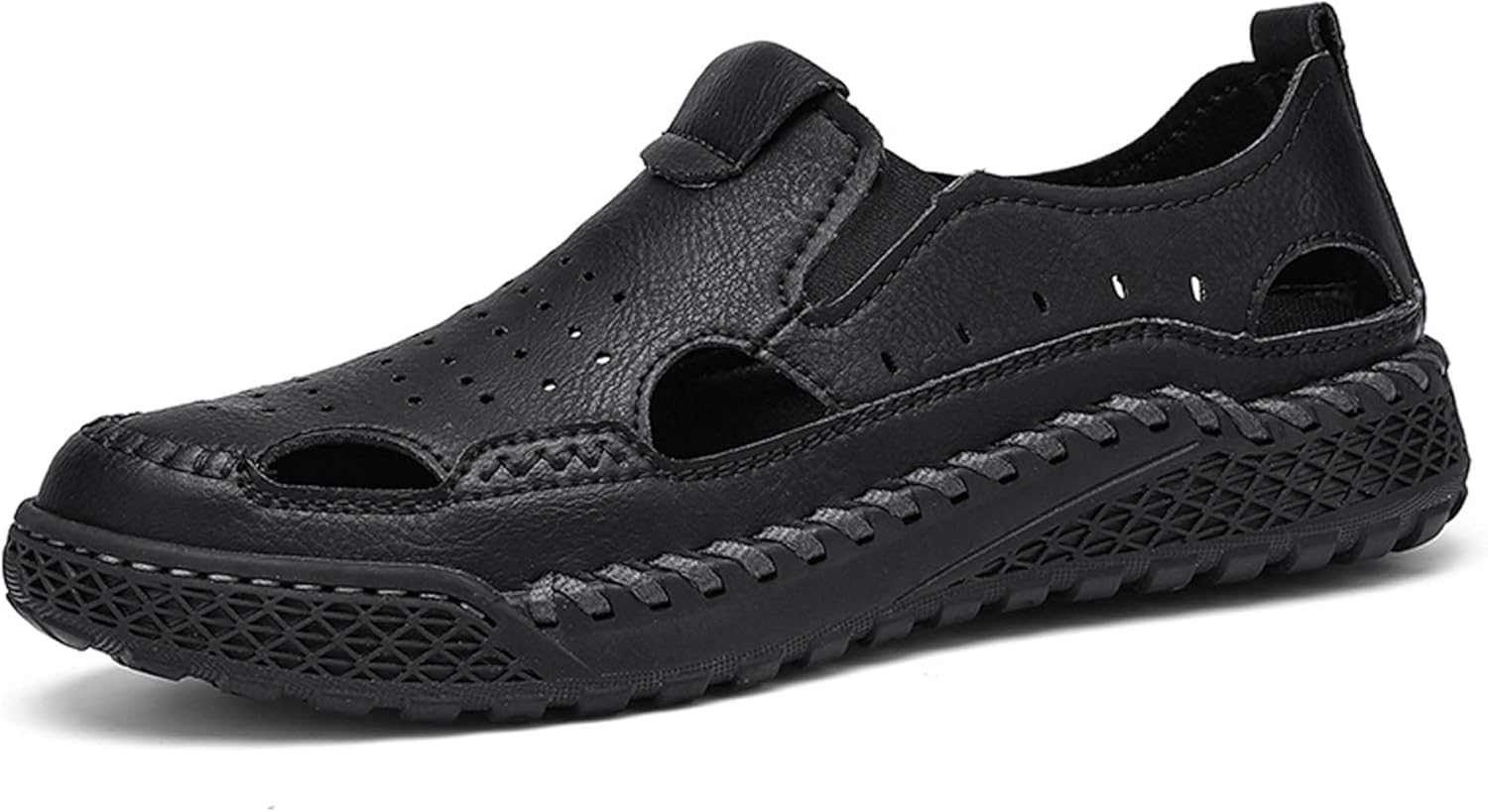 

Мужские премиальные кожаные сандалии, сандалии для активного отдыха, ручная прошивка, нескользящие прочные резиновые подошвы, вырезанный дизайн обеспечивает вентиляцию и стильный вид Generic, черный