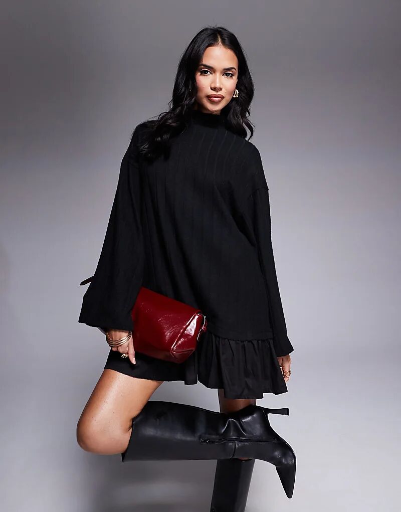 

Мини-платье ASOS DESIGN с высоким воротом и поплиновой юбкой черного цвета