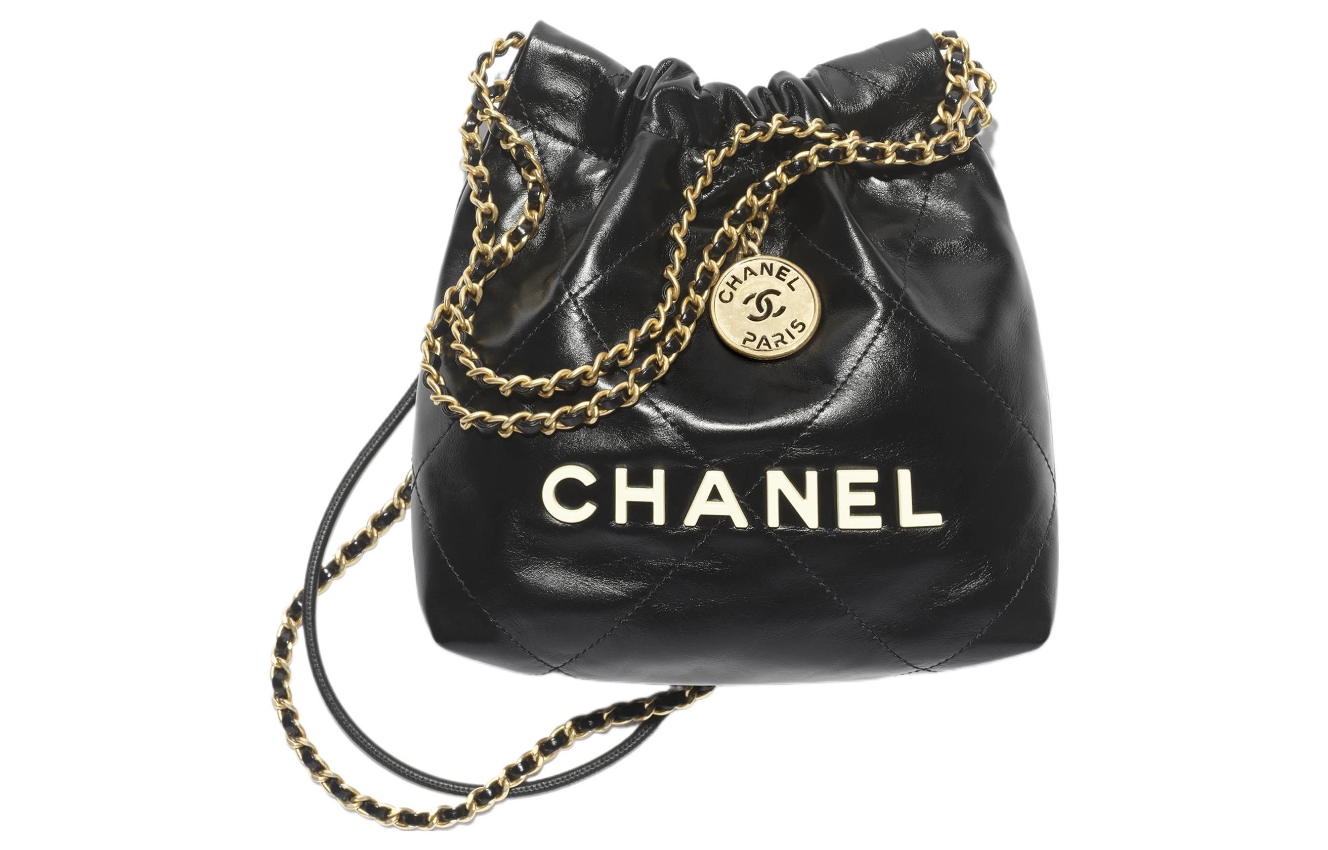 CHANEL Сумка 22Bag Shiny Calfskin, ведро, кроссбоди, мини-сумка через плечо, женская, черная
