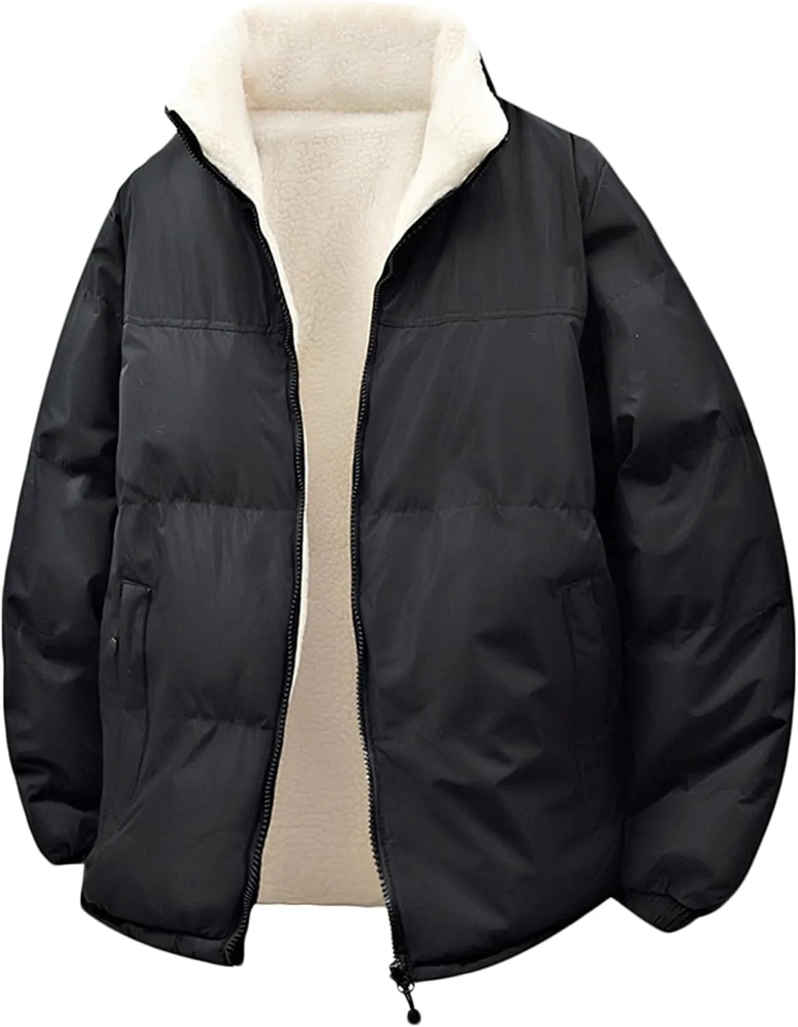 Куртка-пуховик мужская Quilted Puffer с молнией, утепленная флисом Sherpa, пуховая парка с воротником-стойкой, утолщенная зимняя верхняя одежда с карманами Generic, черный