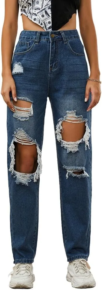 

Женские рваные джинсы бойфренд с высокой посадкой YADMISU