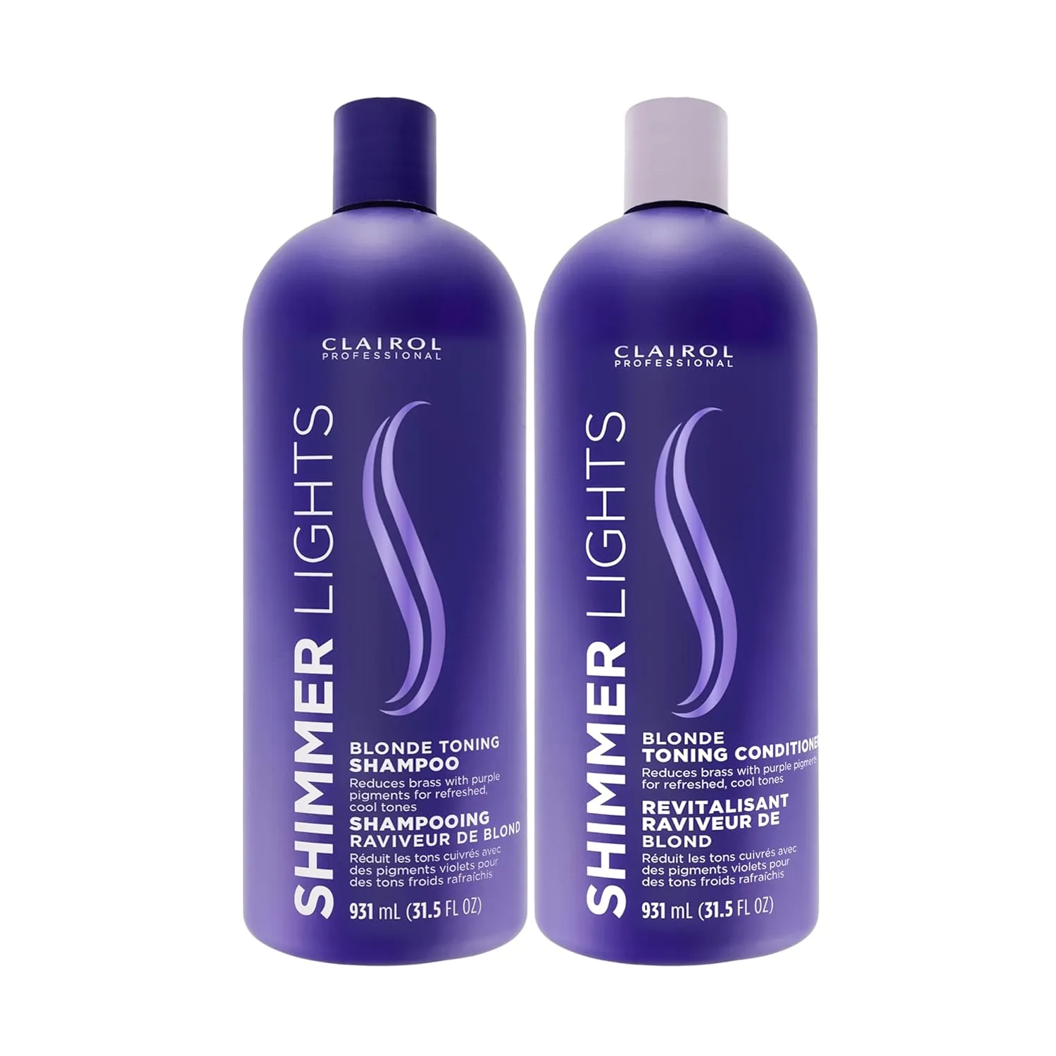 Шампунь и кондиционер Clairol Professional Shimmer Lights Purple | Нейтрализует медные и желтые оттенки | Для светлых, серебристых, седых и мелированных волос, *КОМПЛЕКТ* 932 мл (2 шт.)